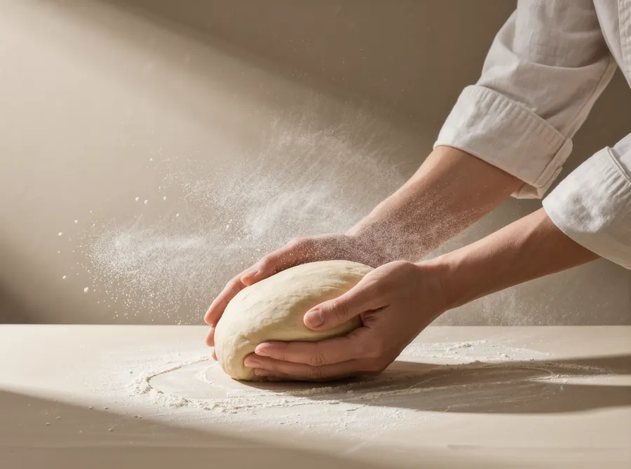 hands shaping dough in a small cloud of flour