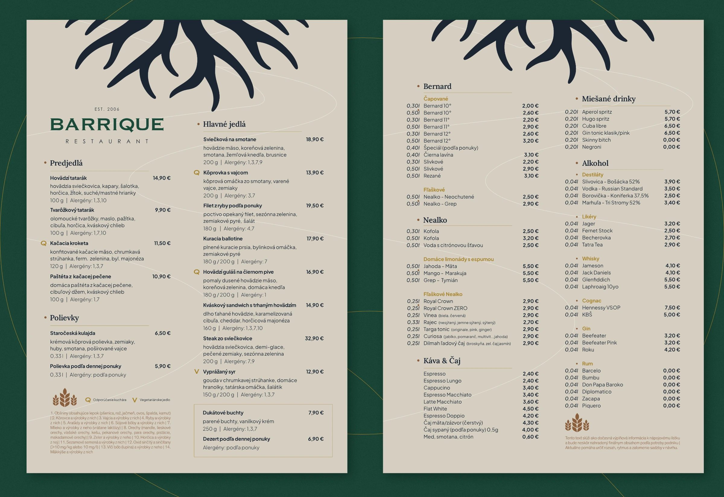 The BARRIQUE food and drinks menu