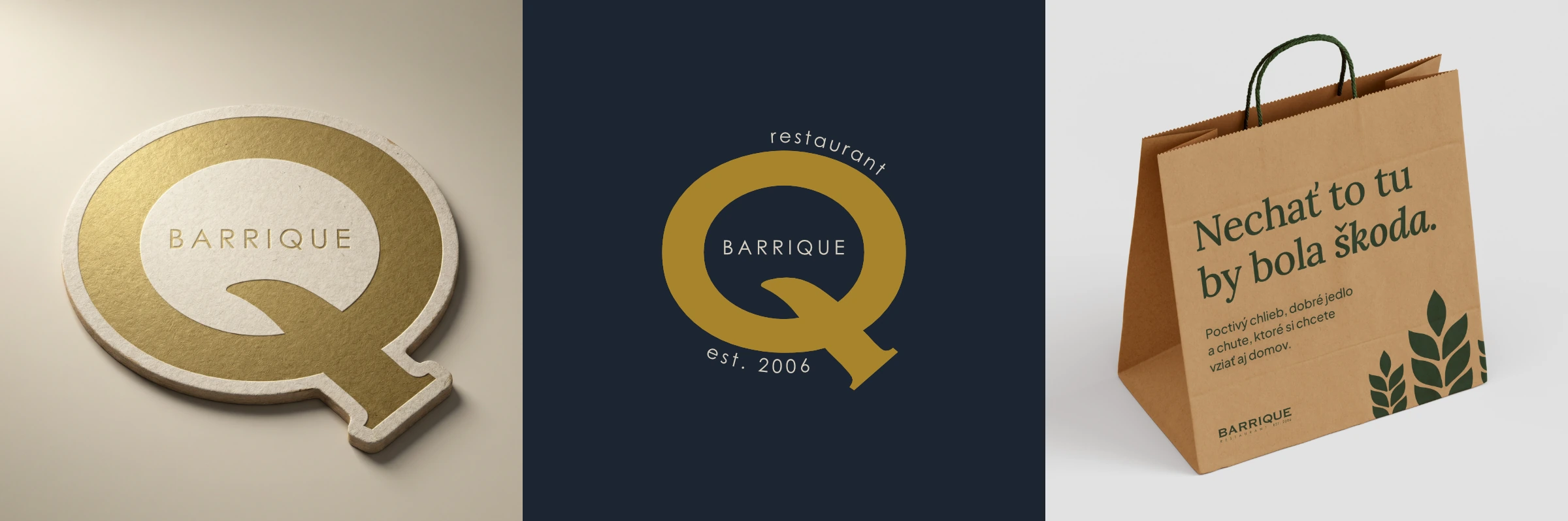The BARRIQUE Q icon on a beer mat, the logo and a food bag