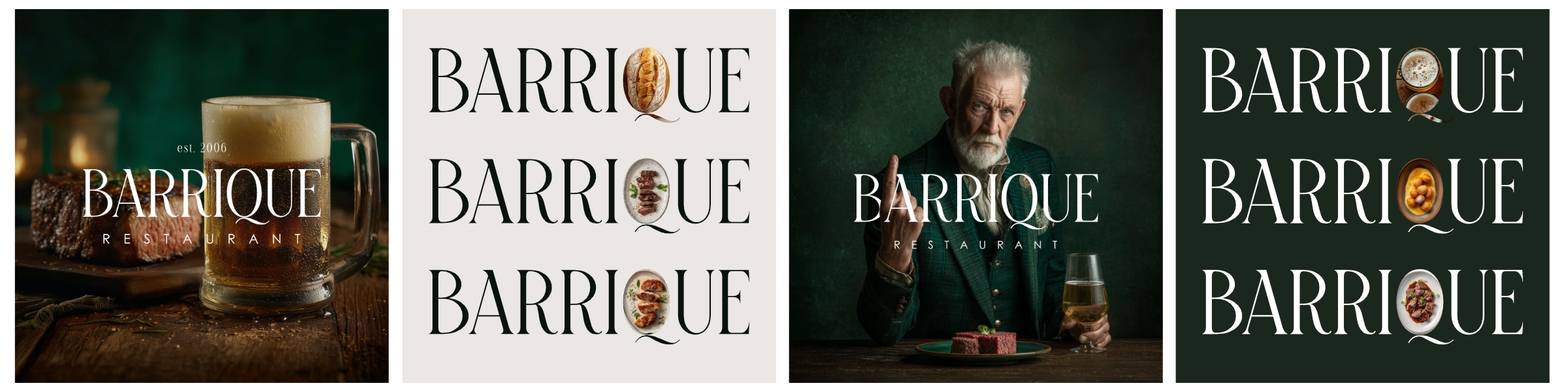 Concept 2: BARRIQUE logo variations with food inside the letter Q